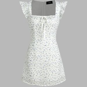 White Floral Knotted Square Neck Mini Dress Cider